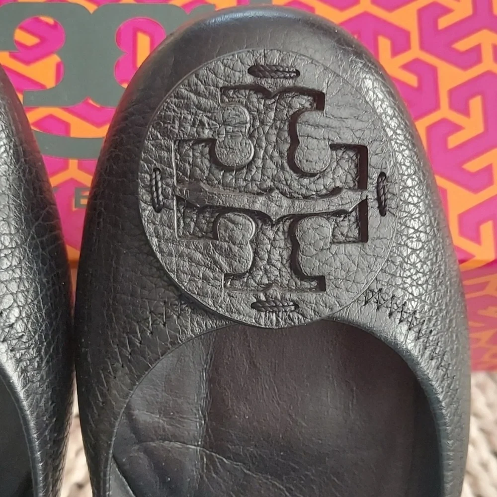 Tory Burch Black Leather Minnie Travel Ballet Flats